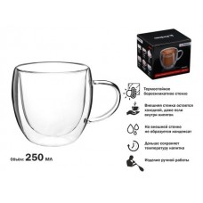 Кружка стеклянная с двойными стенками, 250 мл, серия GRANOS, PERFECTO LINEA (Стеклянная кружка ручной работы из боросиликатного стекла)
